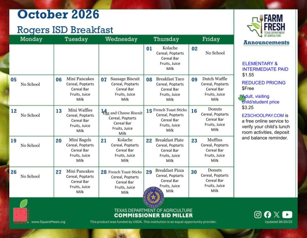 A school breakfast menu calendar for October 2026, featuring daily food items from Monday through Friday.